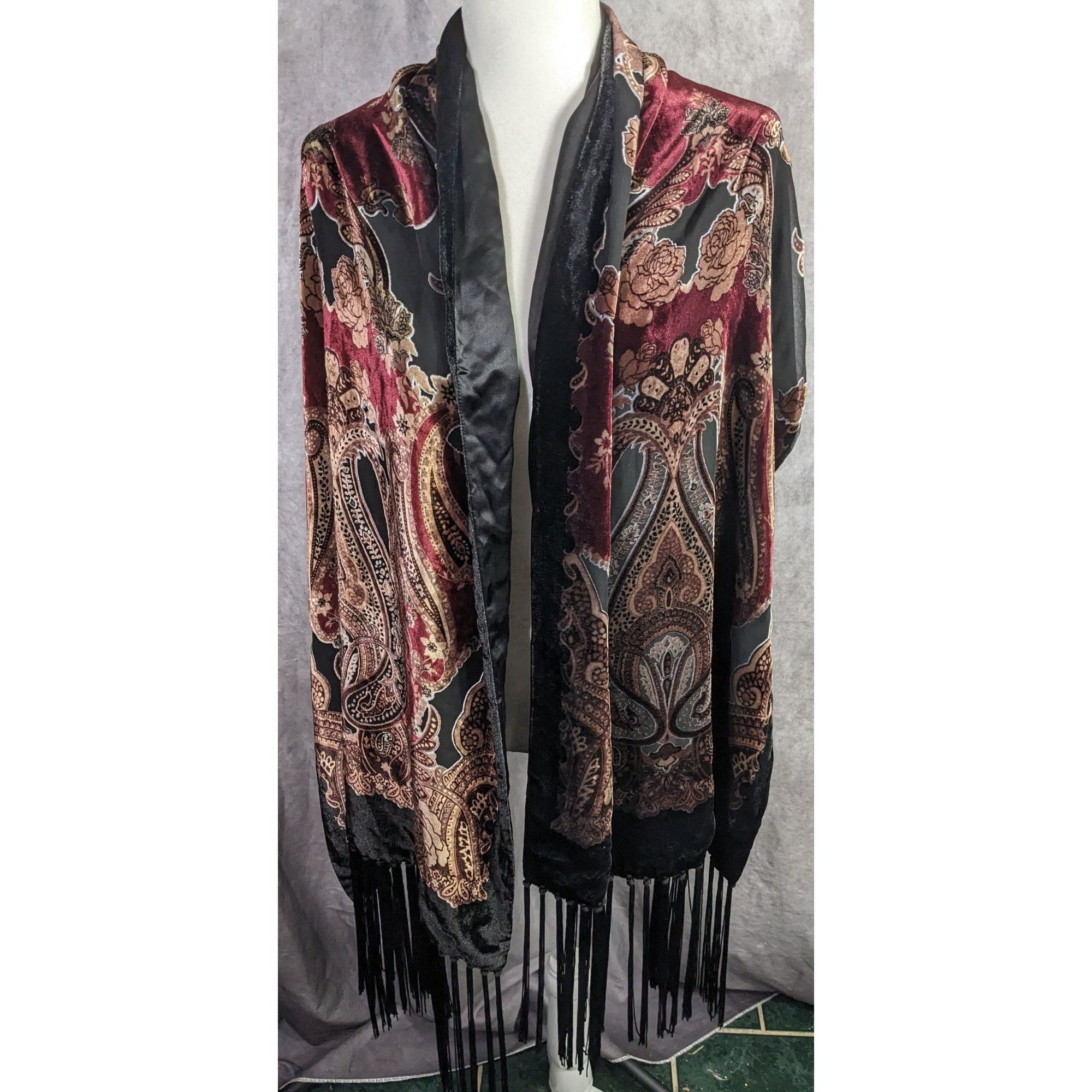 Other Vintage Burnt Velvet Paisley Wrap With Fringe - 73"x21" 9" T Size ONE SIZE - 7 Thumbnail