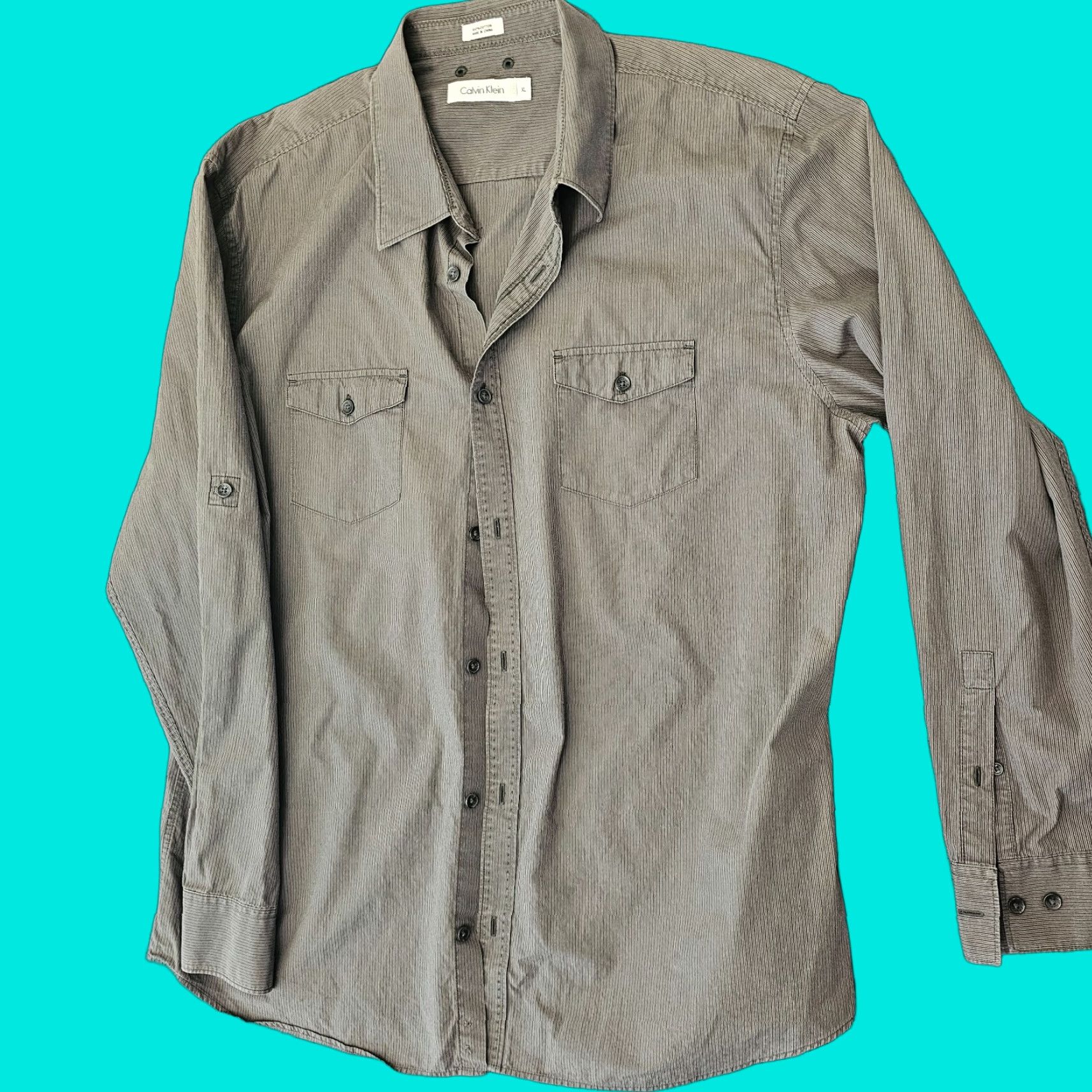 Calvin Klein Calvin Klein Men's XL Long Sleeve Button Down Dark Gray Stripe Roll Tab Sleeve Size US XL / EU 56 / 4 - 1 Thumbnail