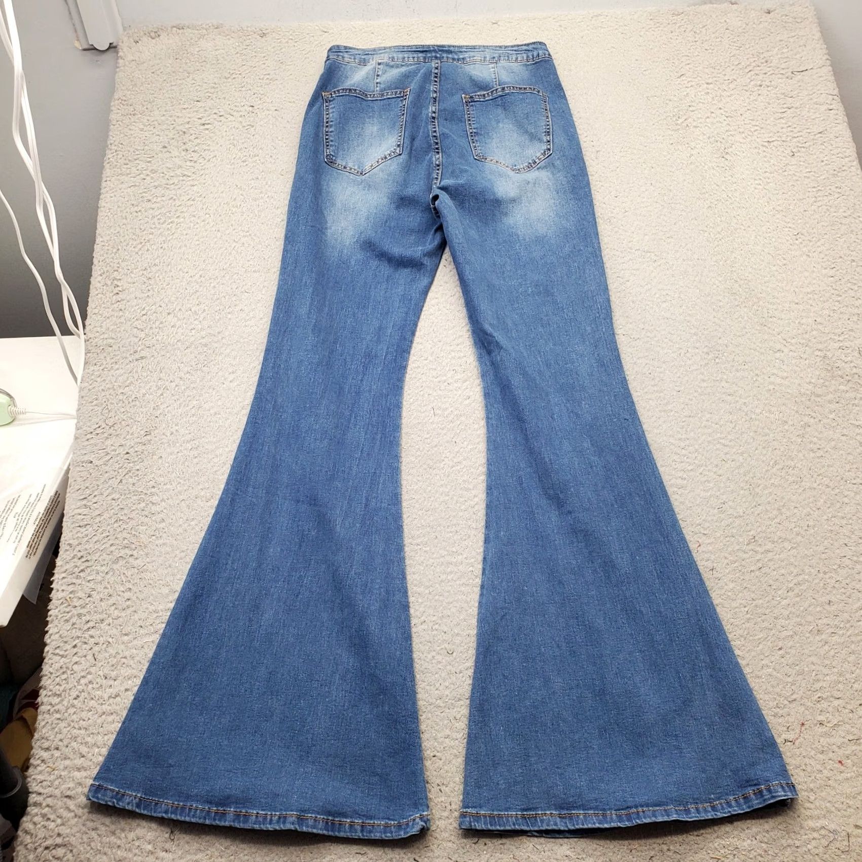 Vintage American Bazi Flare Jeans Women Medium Blue Denim Stretch Faded Boho Bell Bottom Size 32" / US 10 / IT 46 - 2 Thumbnail