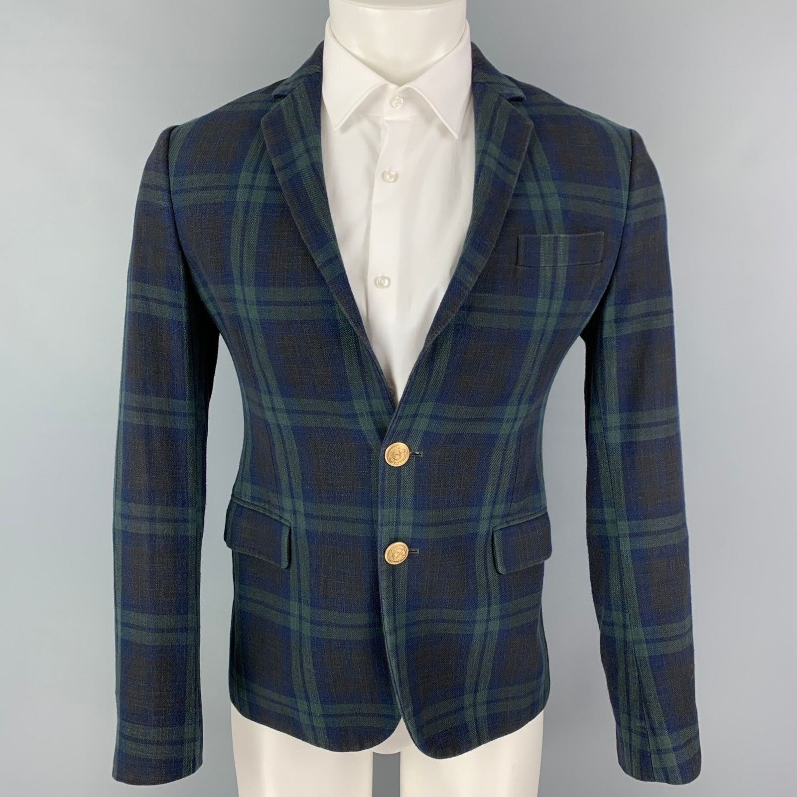 Dsquared2 Size 36 Navy Green Blackwatch Plaid Cotton Sport Coat Size 36R - 1 Thumbnail