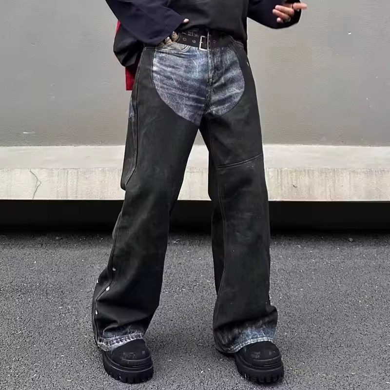 Jean Asymmetrical Blue & Black Denim Pants Size US 31 - 1 Thumbnail