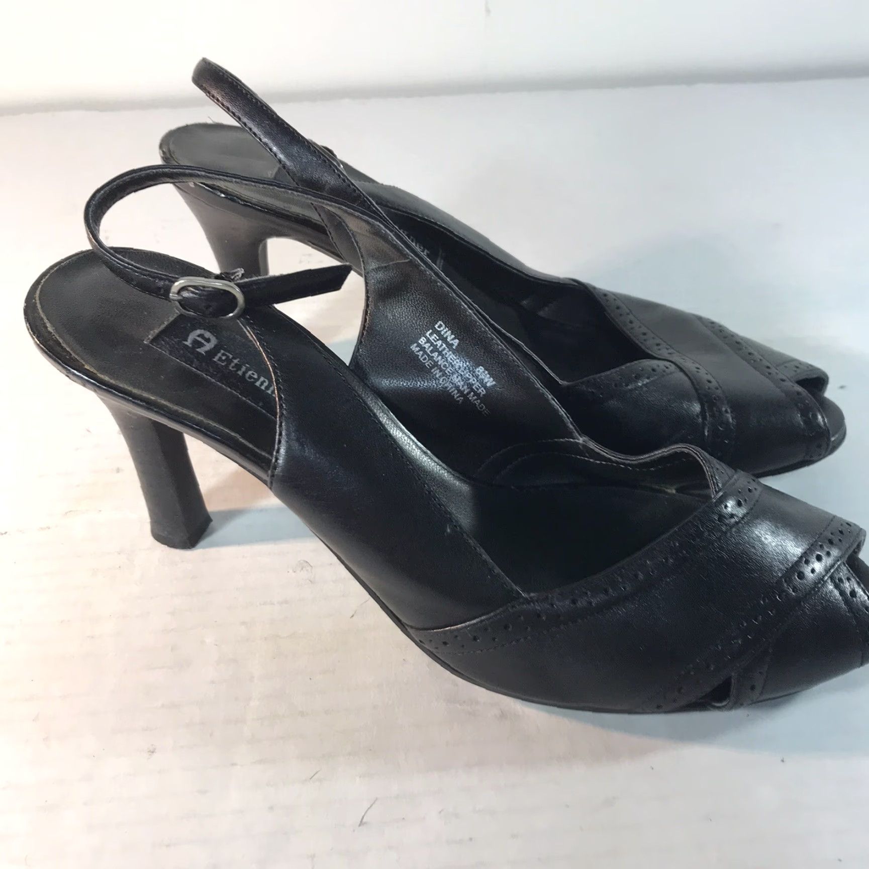 Aigner VINTAGE Etienne Aigner Women's Slingback Heels Size 8.5W Black Leather Peep Toe 3.5in Classic Going Out Size US 8.5 / IT 38.5 - 3 Thumbnail