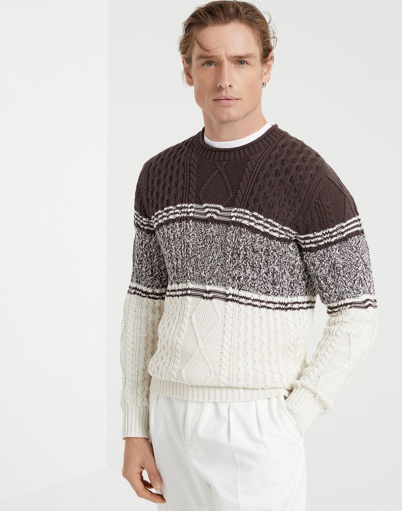 Brunello Cucinelli o1la1rc1a0326 Chiné Stripe Cable Knit Sweater in Multicolor Size US S / EU 44-46 / 1 - 1 Thumbnail