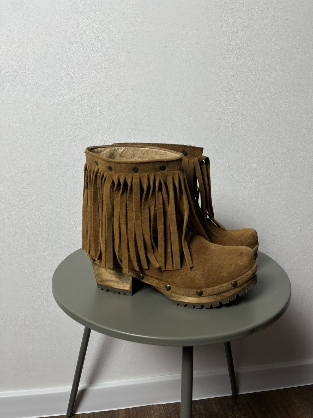 Cowboy Equipment × Vintage Western Fringe Suede Leather Boots with Wooden Platform Sole Size US 6 / IT 36 - 2 Thumbnail