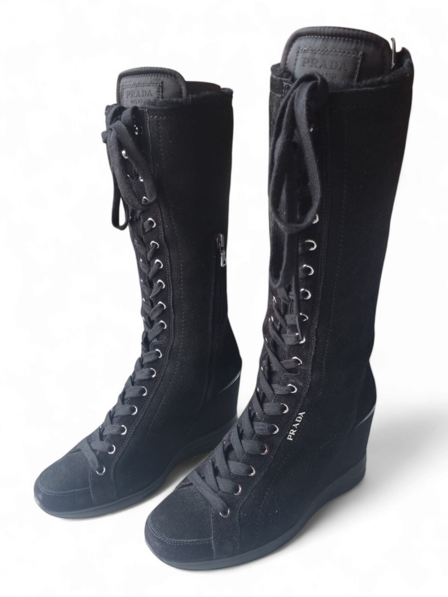 Prada Box Prada Suede Sheepskin Wedge Lace Up Leather Upper Boots Size US 6 / IT 36 - 2 Thumbnail