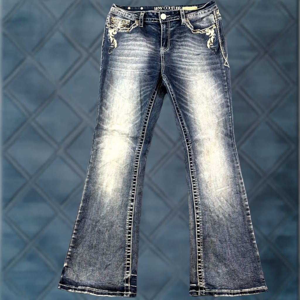 Denime Sexy Couture Jeans Women Bootcut Blue 13 Denim Rhinestone Pockets Western 5-Pocket Regular Cotton Slim Fit Mens Womens Boys Girls Size 34" / US 12 / IT 48 - 1 Thumbnail