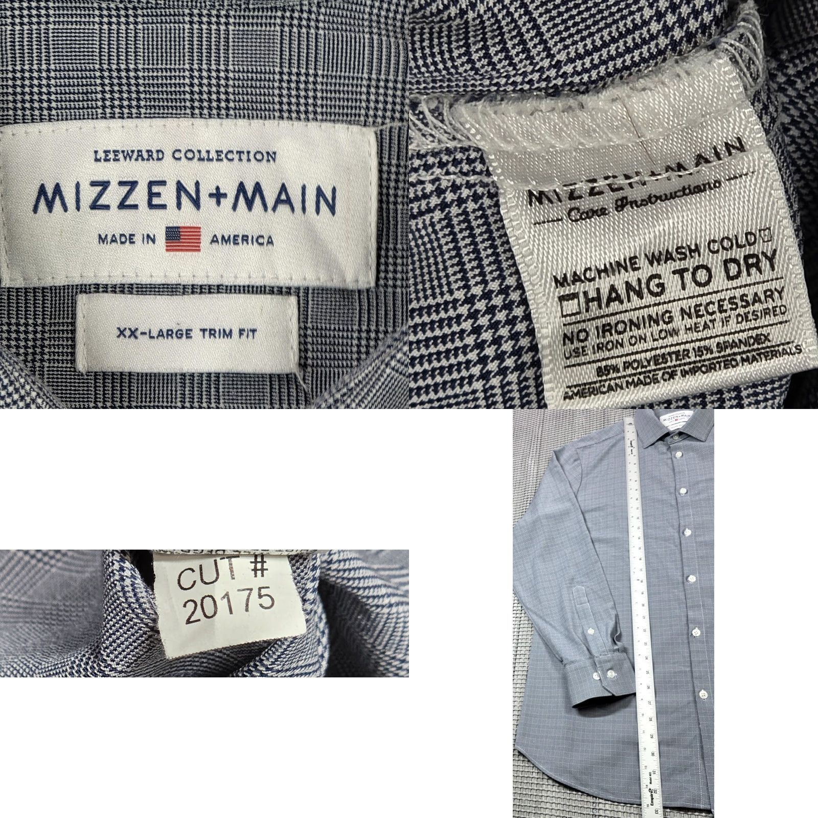 Mizzen+Main Mizzen+Main Leeward Performance Shirt 2XL Trim Fit Gray Blue Plaid Houndstooth Long Sleeve Button-Up Mens Shirt Range: 2XL, Color: Blue Size US XXL / EU 58 / 5 - 8 Thumbnail