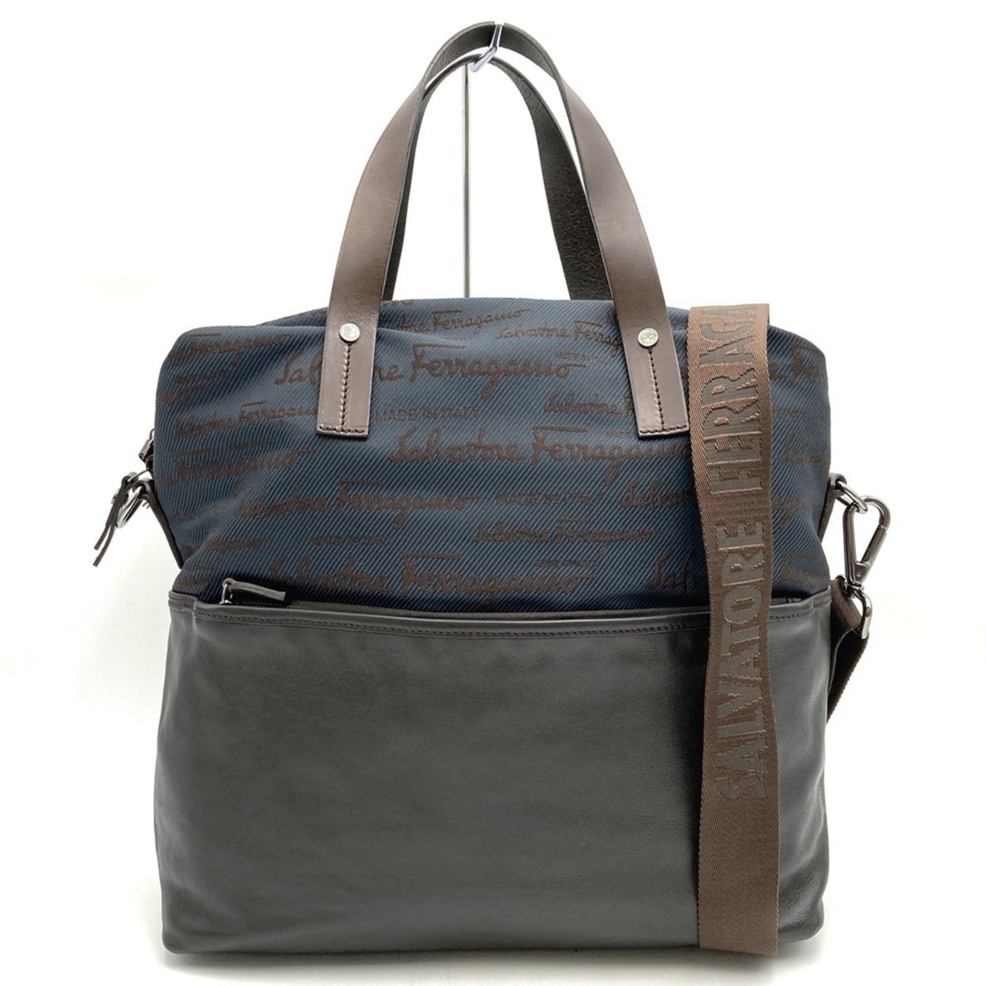 Salvatore Ferragamo Tote Bag Shoulder Brown Navy Canvas Leather Women's