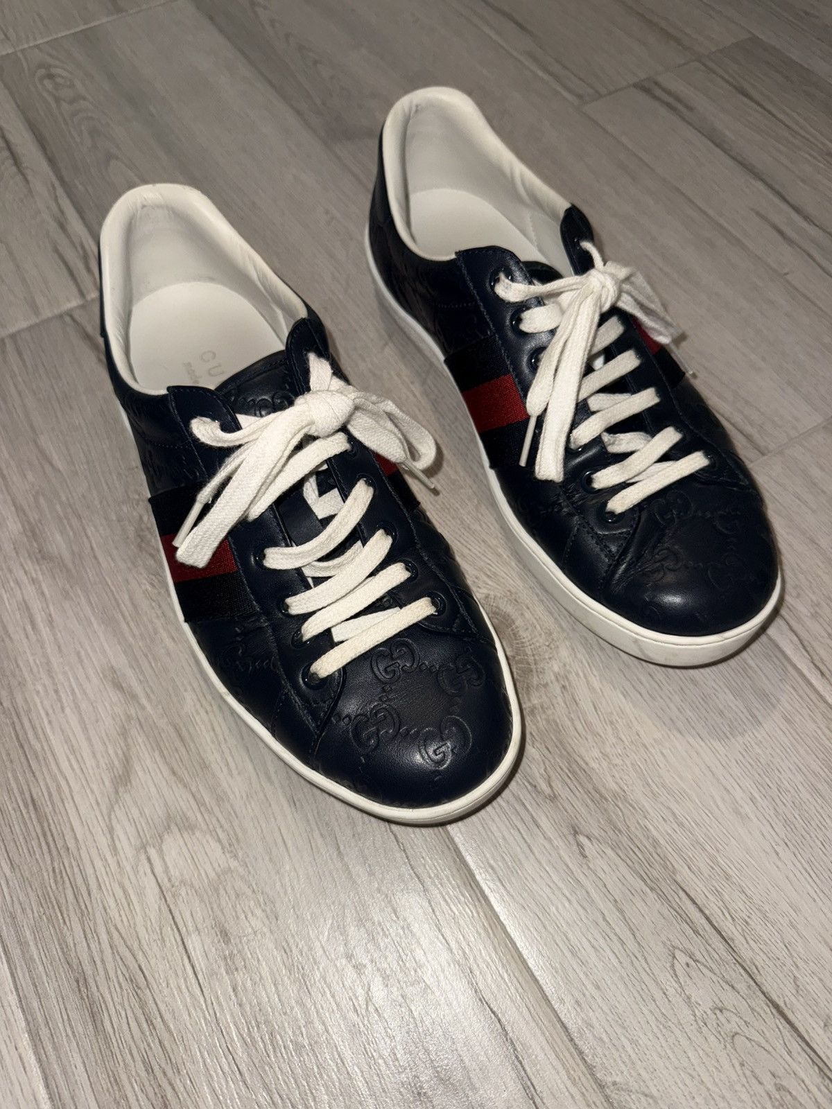Gucci Gucci Dark Blue Guccissima Leather Ace Web Low Top Sneakers Size US 8.5 / EU 41-42 - 1 Thumbnail