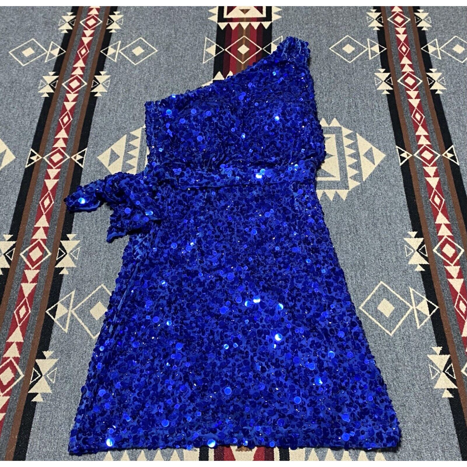 image of Vintage Aidan Mattox Women Dress Size 2 Blue Velvet Sheath One Shoulder Sequin T34 in White