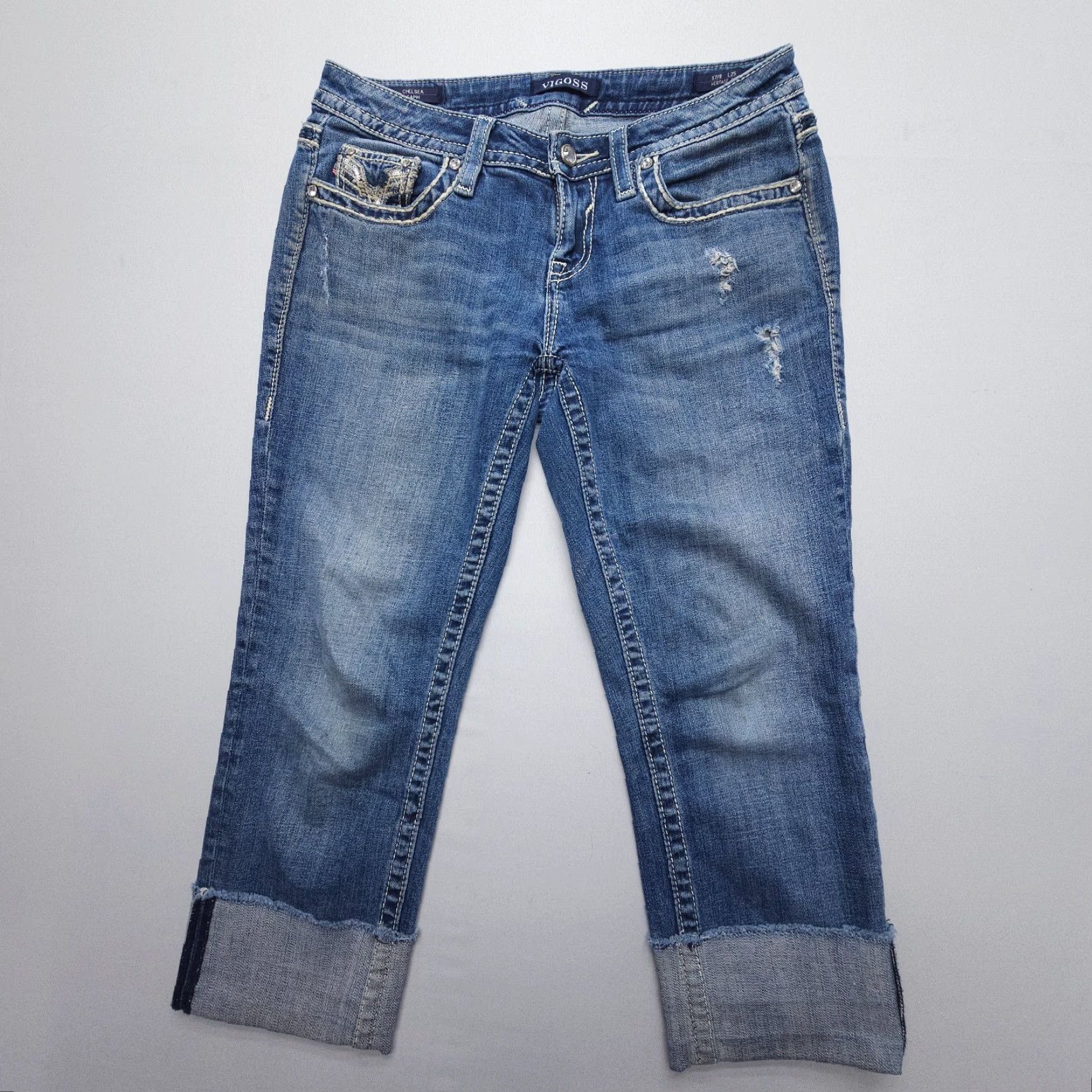 Vintage VIGOSS Chelsea Capri Heritage Fit Size 8 Denim Jeans Women Low 5-Pocket Pockets Blue Embroidered Rhinestone Size ONE SIZE - 2 Thumbnail
