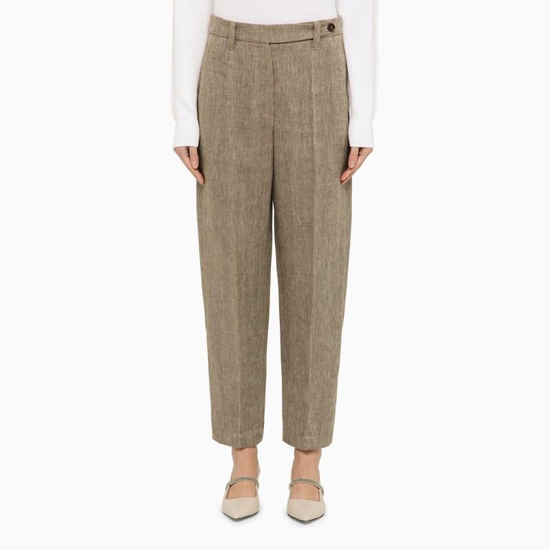 image of Brunello Cucinelli Tobacco-Coloured Linen Trousers in Brown, Women's (Size 26)