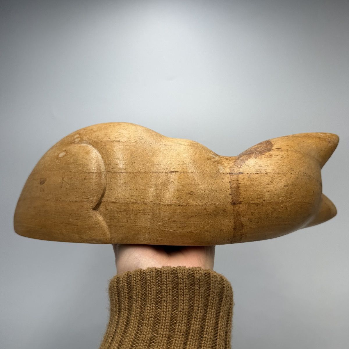 Vintage Vintage Hand Carved Solid Wood Sleeping Cat Figurine 27cm Size ONE SIZE - 7 Thumbnail