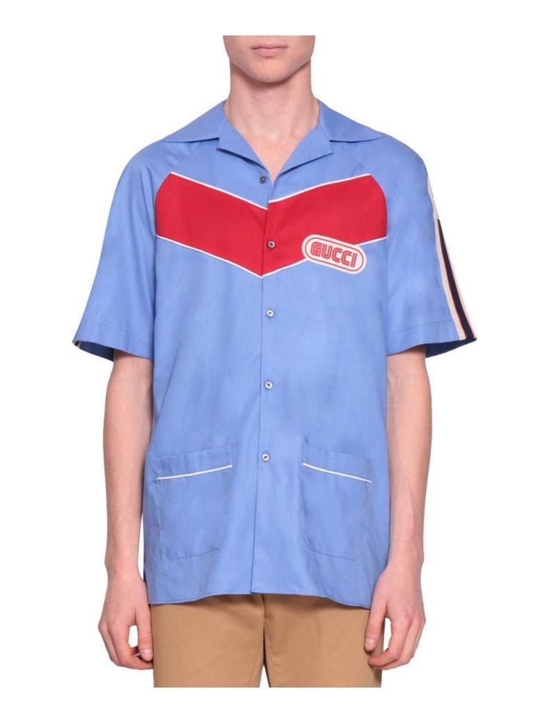 image of New Gucci Blue/red Logo Camp Collar Bowling Shirt 48, Men's (Size Medium)