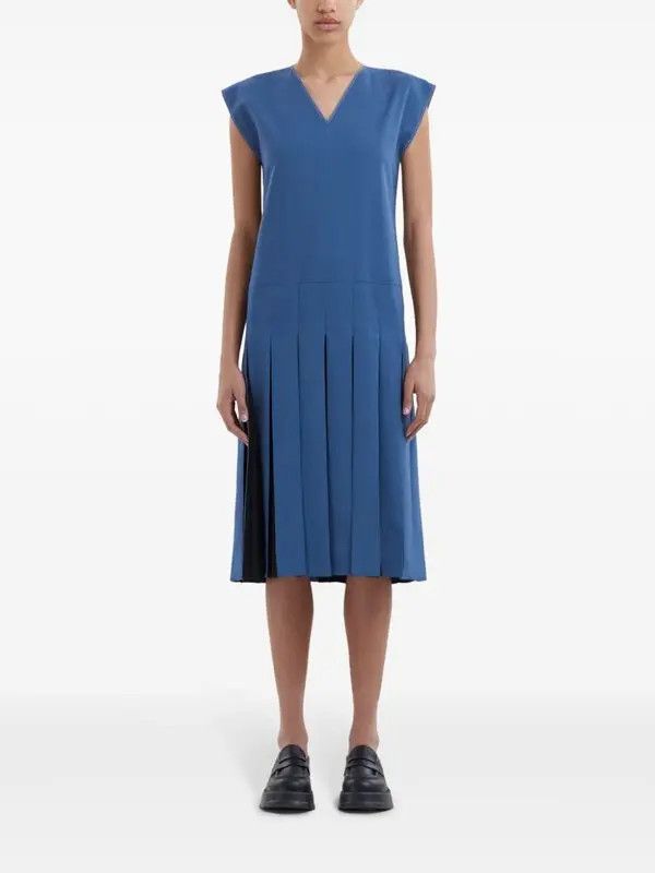 Marni o1w1db11125 Pleated Twill Midi Dress in Blue Size XL / US 12-14 / IT 48-50 - 2 Thumbnail