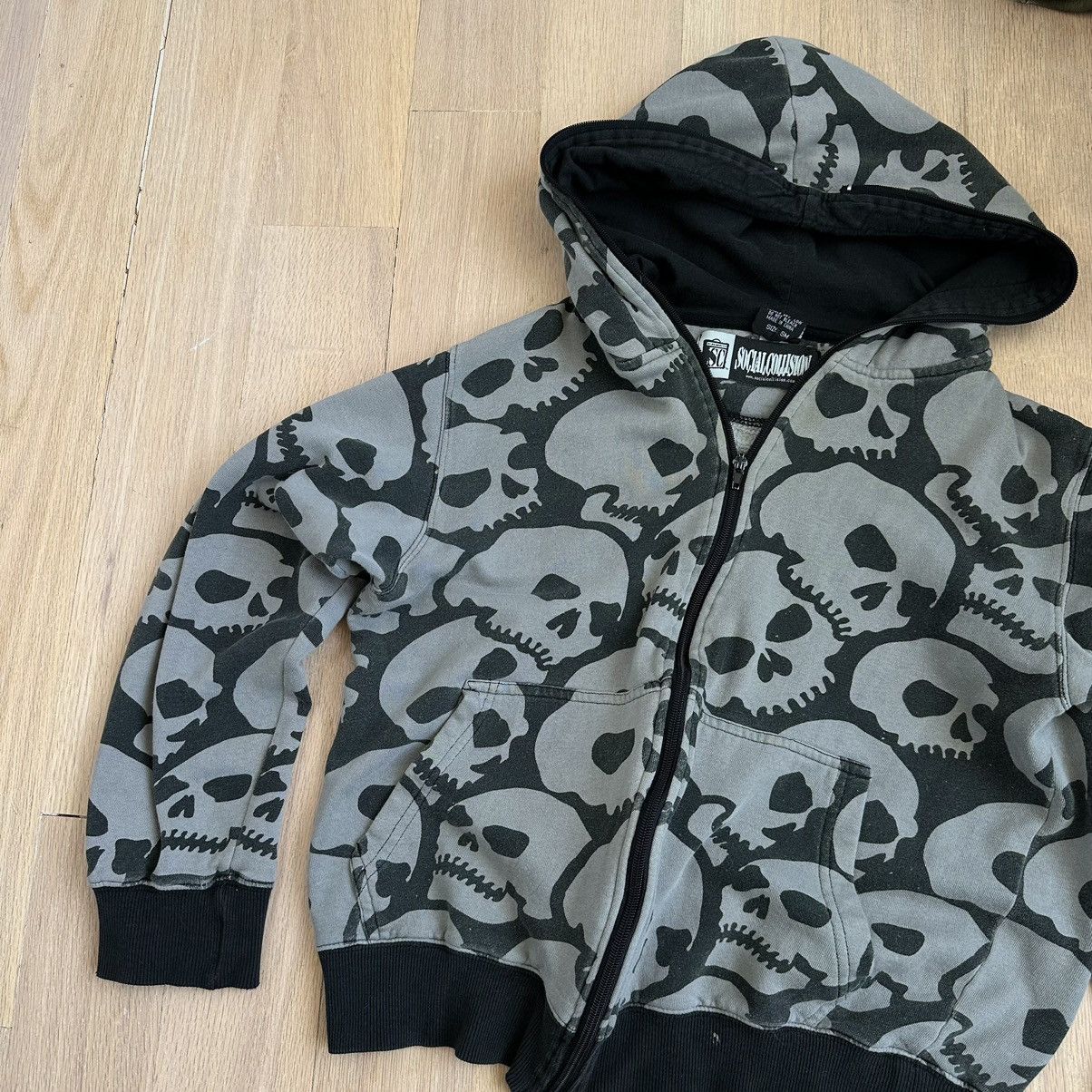 image of Skategang x Vintage Y2K Grey Black Cyber Skull Full Zip Skate Sweatshirt, Men's (Size Small)