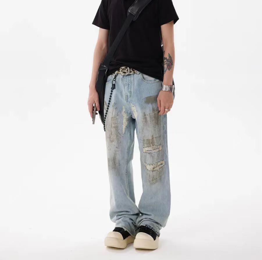 Baggy Cashew Patch One Knee Ripped Dirty Jeans