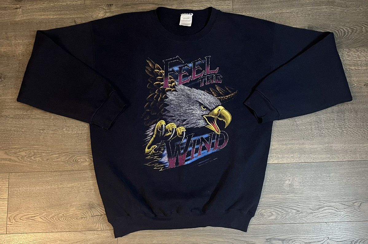image of Rap Tees x Vintage Feel The Wind Eagle Crewneck Sweatshirt in Black, Men's (Size XL)