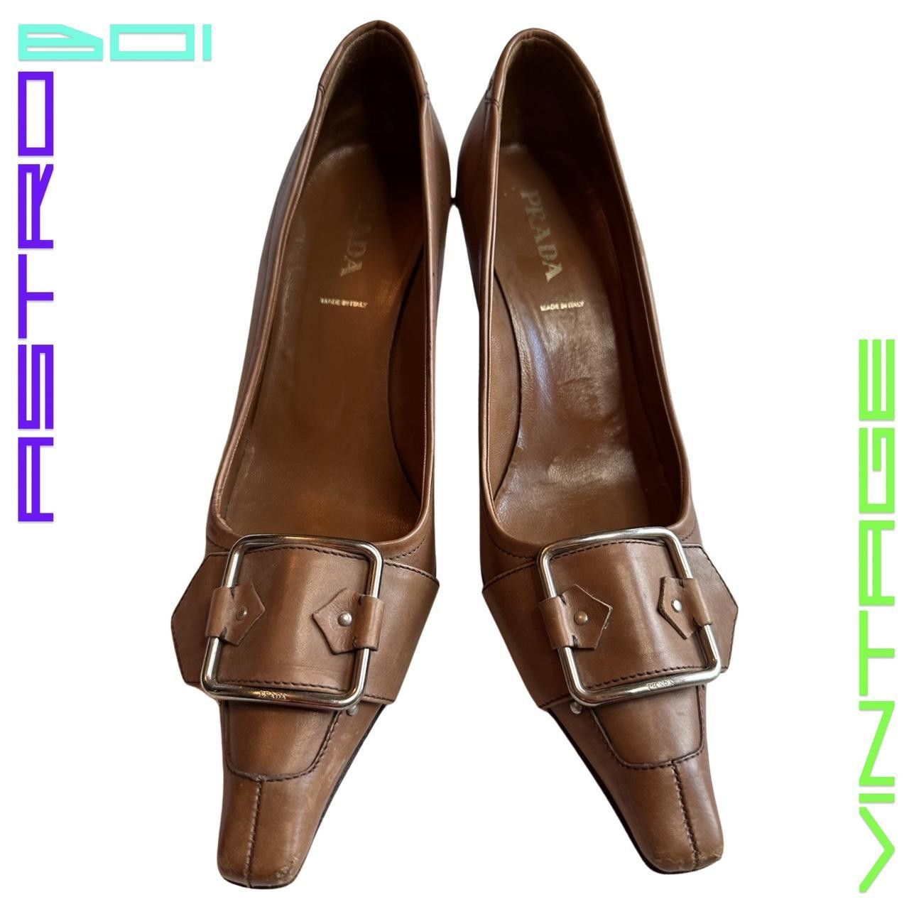 image of Vintage Prada Square Buckle Brown Leather Heel Shoes_ 38.5 Shoes, Women's