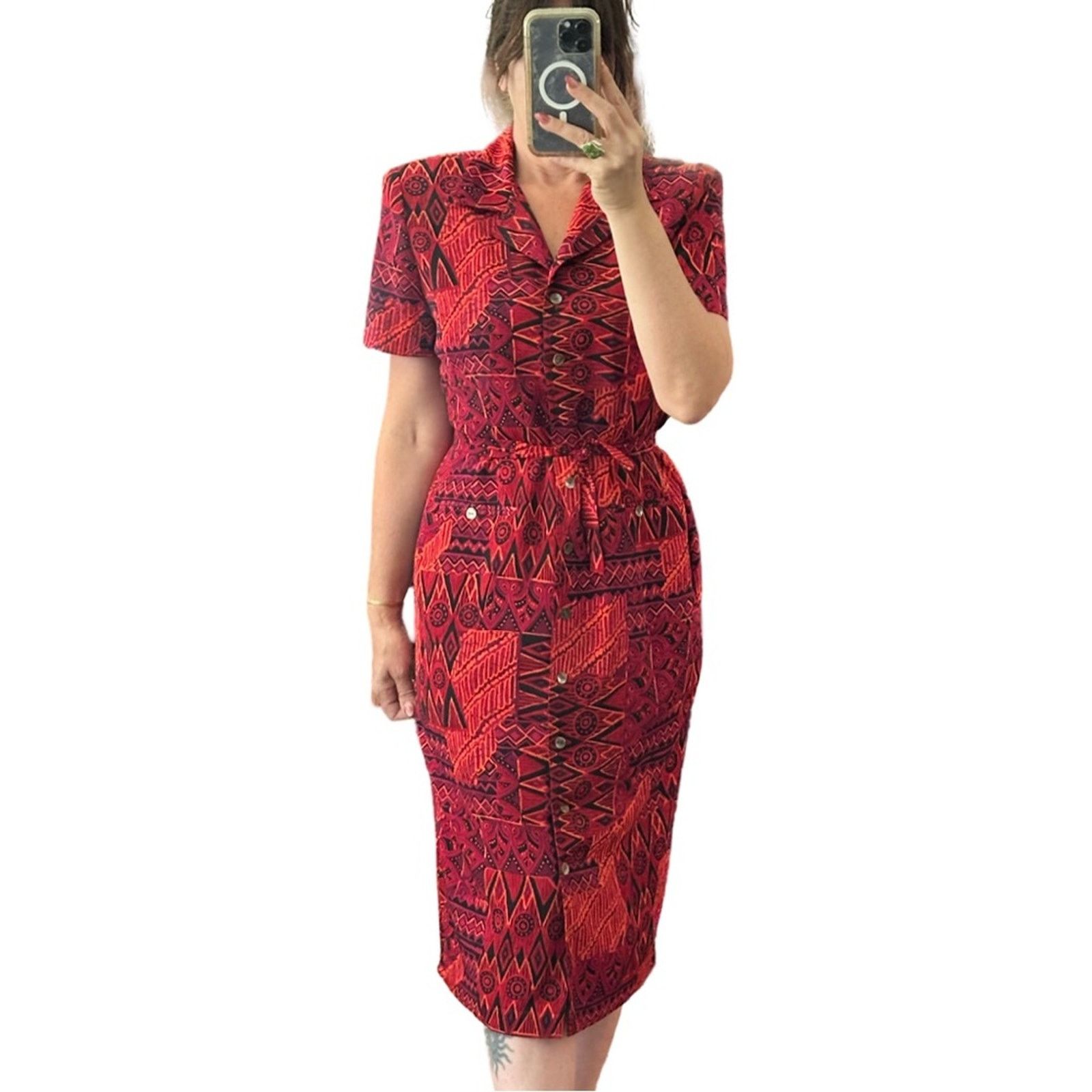 Other Vintage 90’s Red Abstract Lined Button Up Midi Dress Size XL / US 12-14 / IT 48-50 - 1 Thumbnail