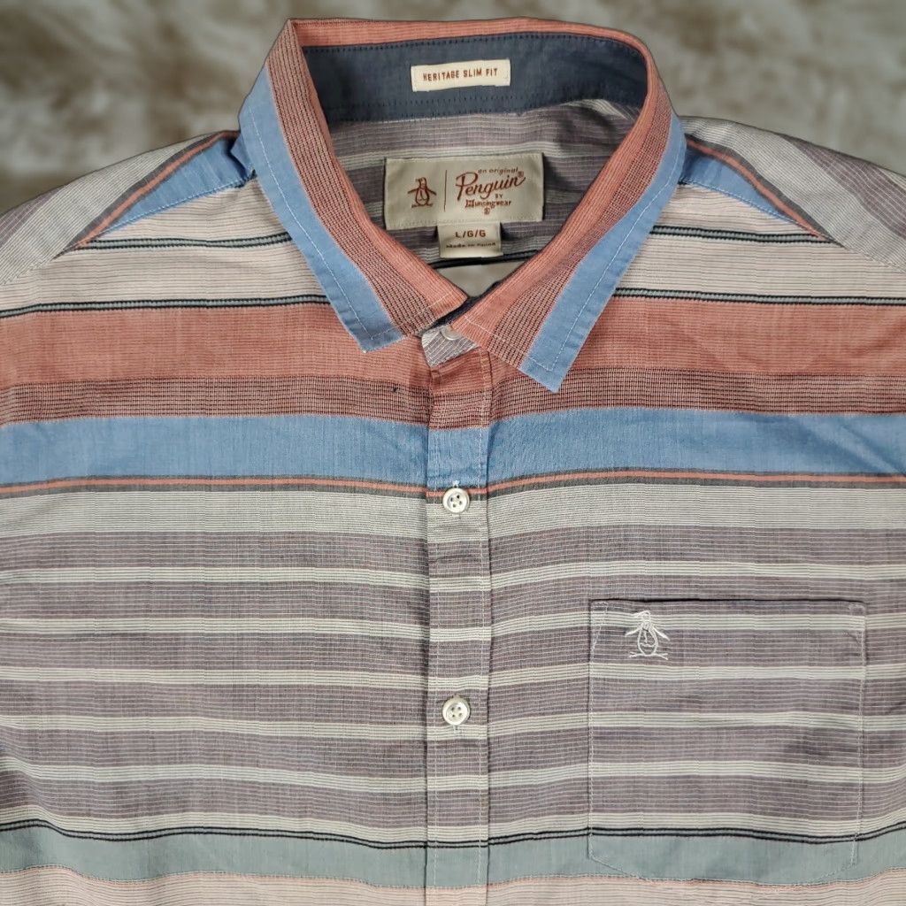 Original Penguin Original Penguin Shirt Mens L Red Striped Button-Up Short Sleeve, Cotton, Casual/Workwear, Modern Preppy, Classic Size US L / EU 52-54 / 3 - 1 Thumbnail