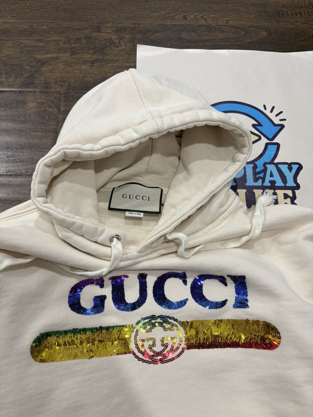 Gucci GUCCI OFF WHITE SEQUIN LOGO HOODIE Size S / US 4 / IT 40 - 2 Thumbnail