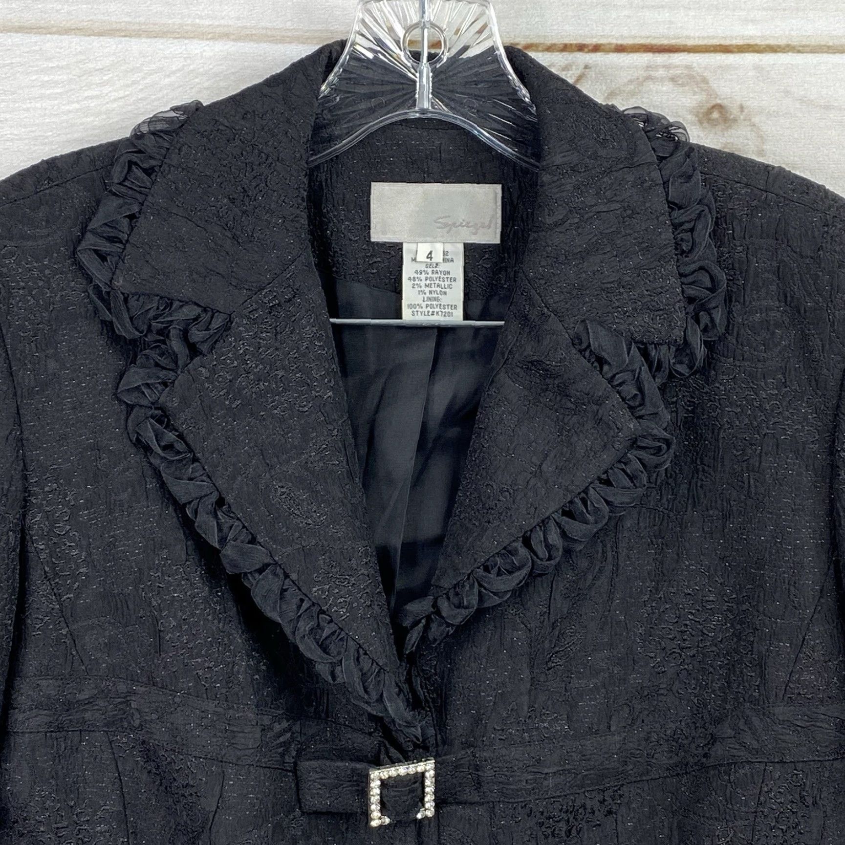 Vintage VINTAGE Spiegel Blazer Womens 4 Black Metallic Textured Lined Ruffled Trim Y2K 90s Blazer Womens 4 Black Size S / US 4 / IT 40 - 4 Thumbnail
