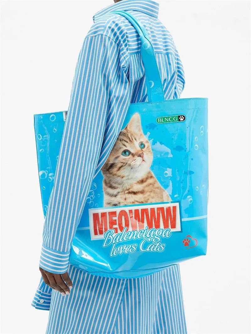 image of Balenciaga Patent Calfskin Tote Meowww Balenciaga Loves Cats in Aquatic Blue, Men's