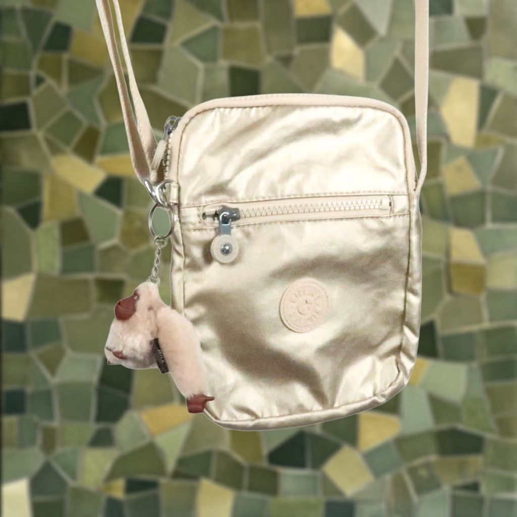 Vintage Kipling Crossbody Bag Gold Nylon Small Women Zip Purse w/ Gorilla Charm Keychain Size ONE SIZE - 1 Thumbnail