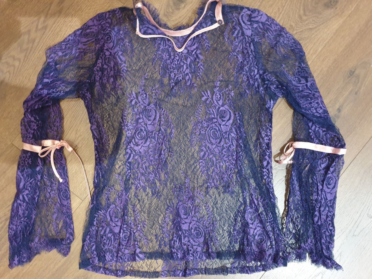 Other Sheer lace blouse sz S blue color with pink ribbons Size S / US 4 / IT 40 - 7 Thumbnail