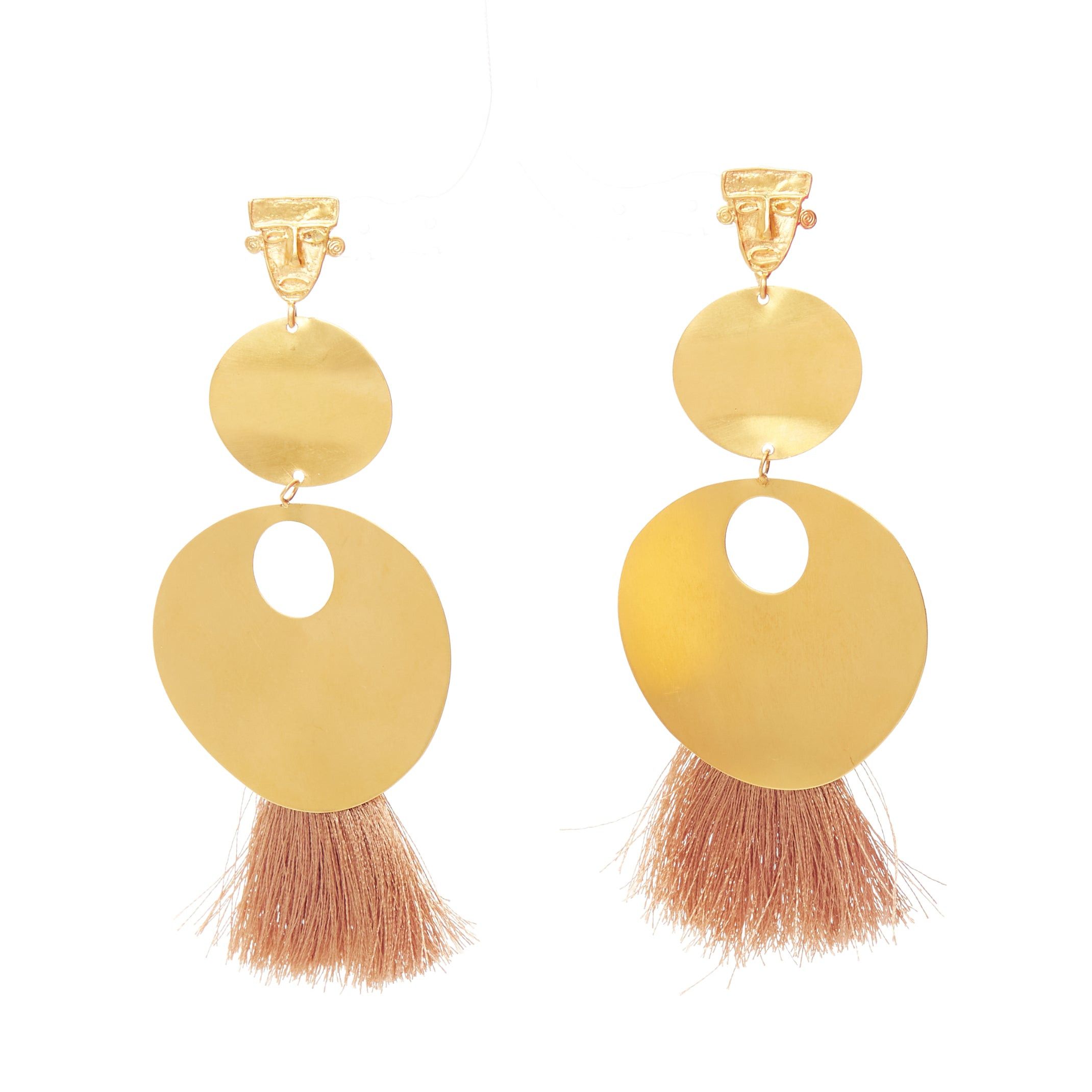 Other PMX CANO gold metal geometric tribal face beige tassel pin earrings Pair Size ONE SIZE - 1 Thumbnail