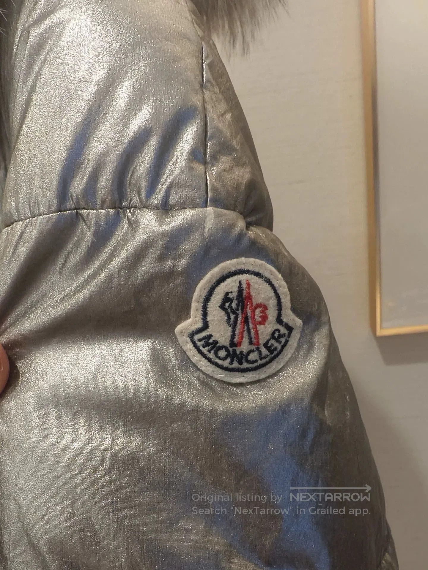 Moncler Silver Puffer Coat with Faux Fur Hood. Size US S / EU 44-46 / 1 - 3 Thumbnail