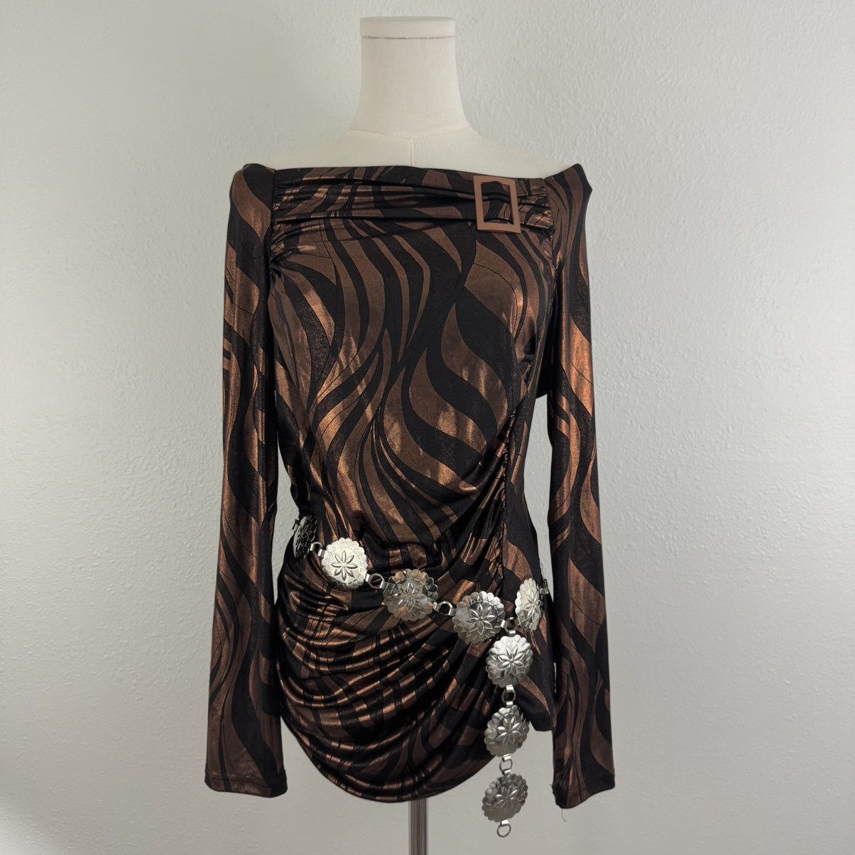 Other BALI Vintage 90s Brown Metallic Copper Swirl Ruched Top Size L / US 10 / IT 46 - 1 Thumbnail