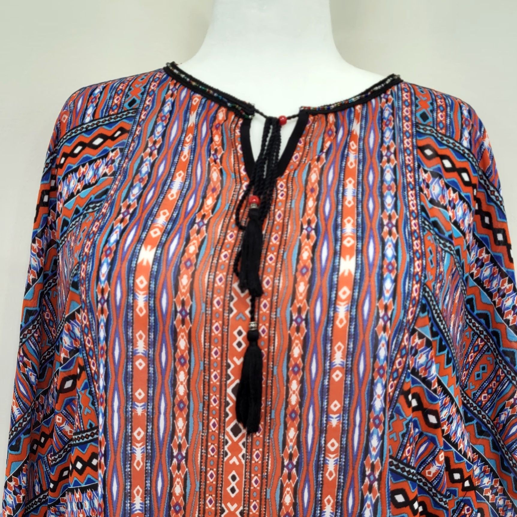 Vintage ND New Directions Shirt Women Size L Beaded Chiffon Red Blue Aztec Tunic Blouse Size L / US 10 / IT 46 - 4 Thumbnail