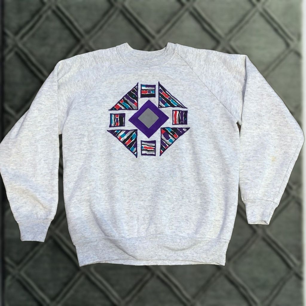 Jerzees VINTAGE Jerzees Sweatshirt Grey Quilted Print Crewneck Large L Women Pullover Long Sleeve Autumn Winter USA Size L / US 10 / IT 46 - 1 Thumbnail