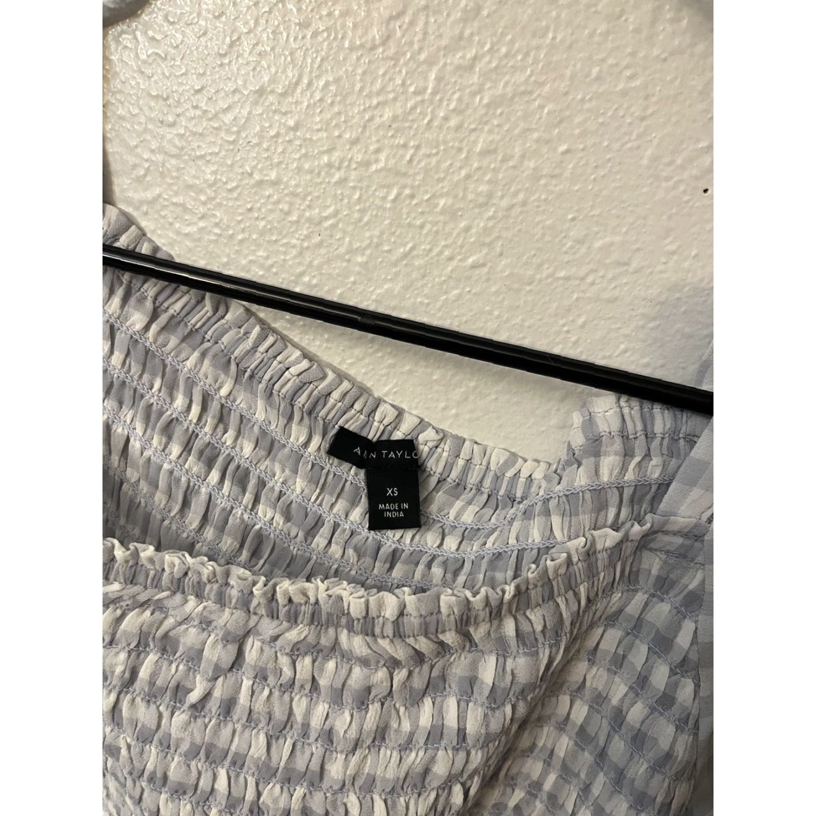 Ann Taylor ANN TAYLOR PETITE Grey GINGHAM Square Neck SMOCKED Top XS Blouse Womens Shirt Size XS / US 0-2 / IT 36-38 - 2 Thumbnail