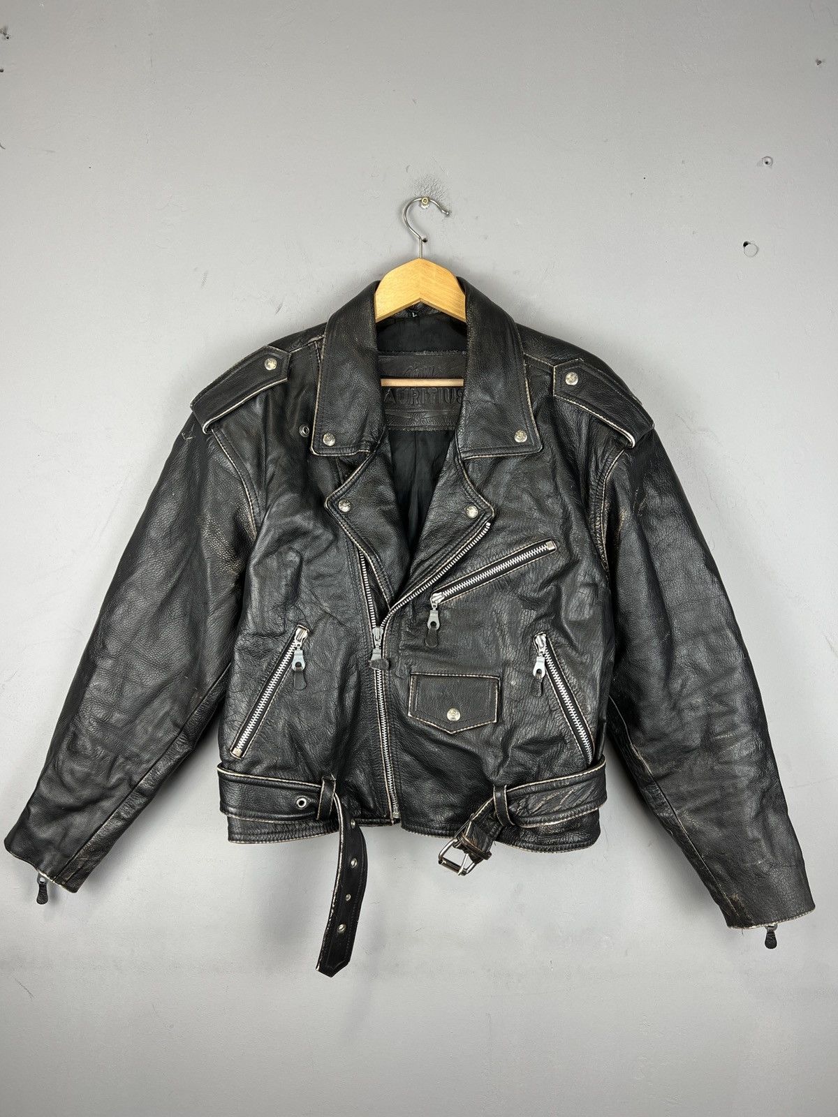 image of Aero Leather x Leather Jacket 90's Mauritius Gipsy Leather Biker Jacket Opti Zip! in Black (Size La