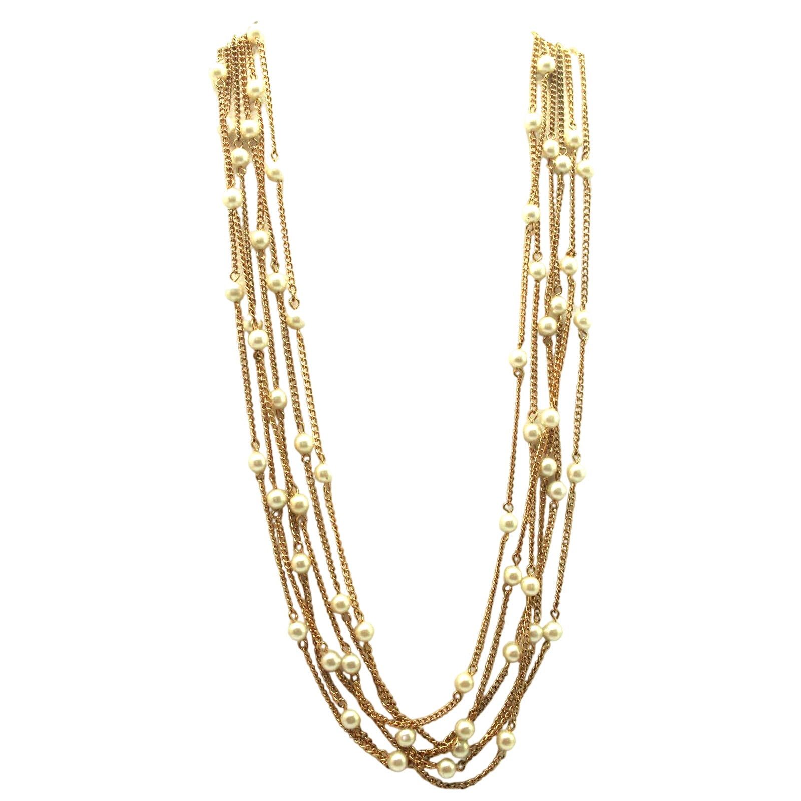 Other Six Chain Goldtone & Faux Pearl Necklace Rosette Clasp •23" Size ONE SIZE - 2 Thumbnail