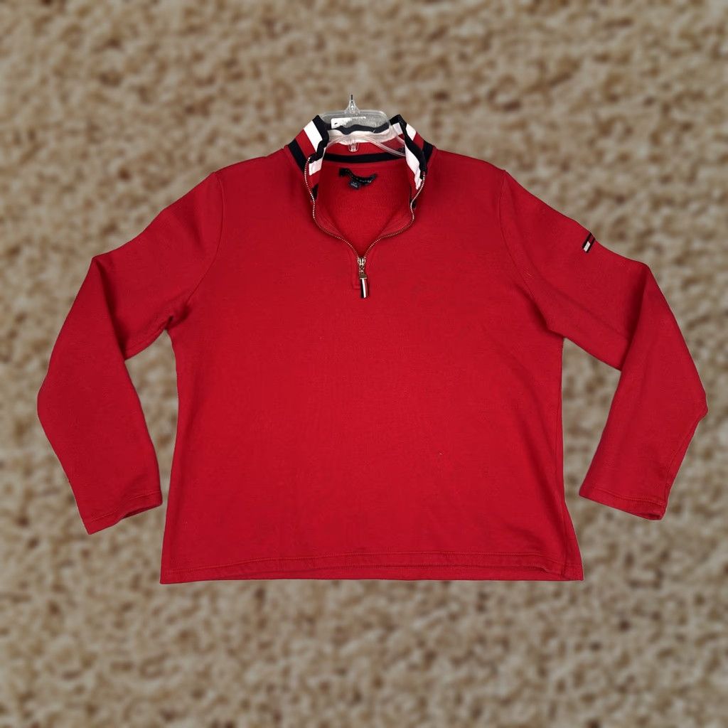 Tommy Hilfiger Tommy Hilfiger Sweater Womens L Red 1/4 Zip Mock Neck Jersey Logo Pullover Size L / US 10 / IT 46 - 1 Thumbnail