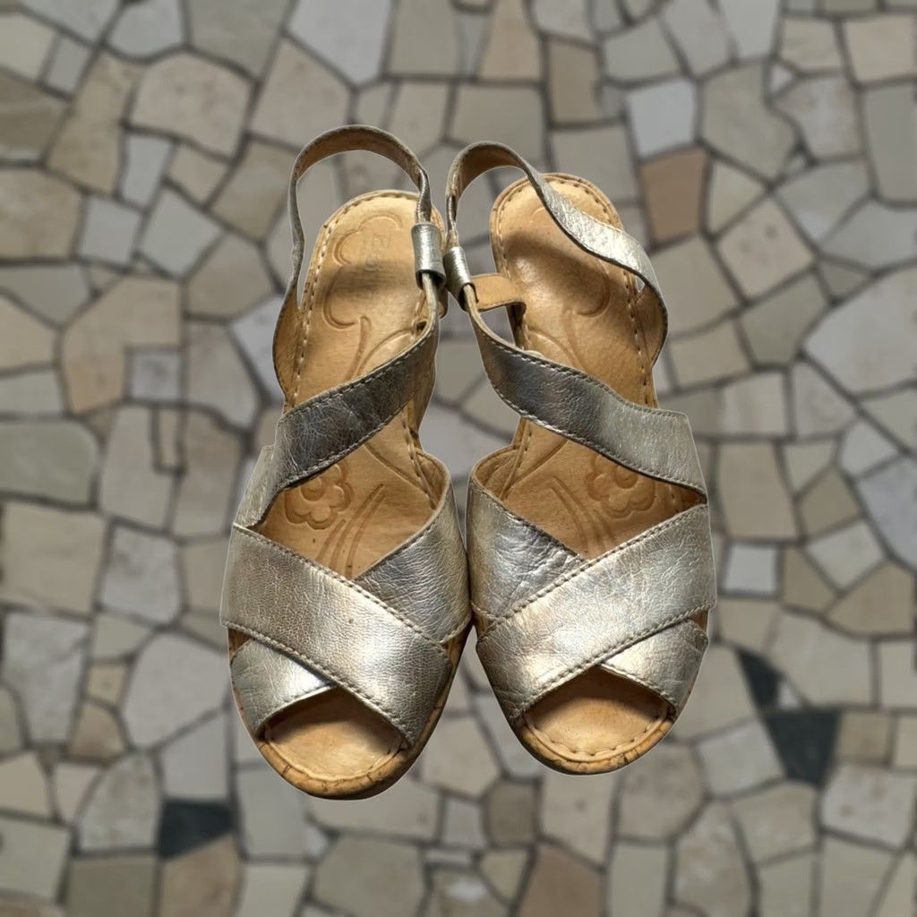 Born BORN Sandal Women 7 Silver Leather Cork Wedge Strappy Open-Toe Size US 7 / IT 37 - 1 Thumbnail