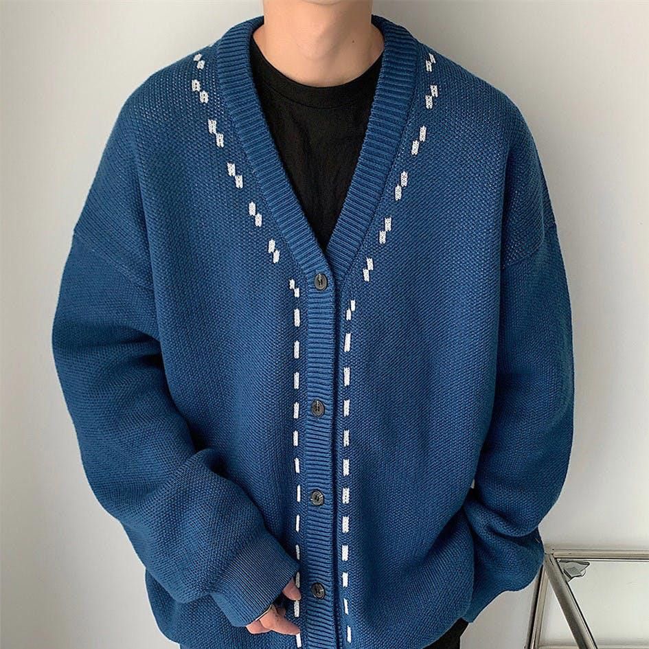 image of Coloured Cable Knit Sweater Blue Patterned Knit Cardigan Sweater, Men's (Size Medium)