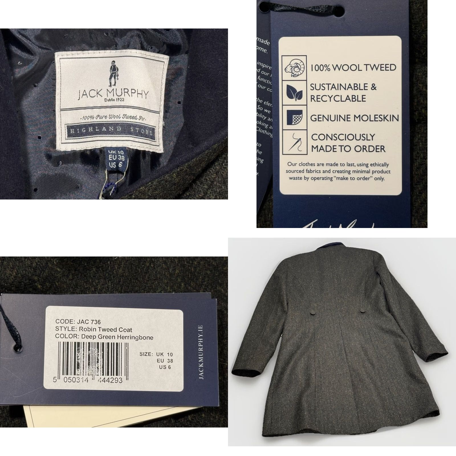 Vintage Jack Murphy Wool Robin Tweed Coat Green Herringbone 100% Wool Single-Breasted Lined Button Closure Women Size 6 NWT Vintage No Size M / US 6-8 / IT 42-44 - 8 Thumbnail
