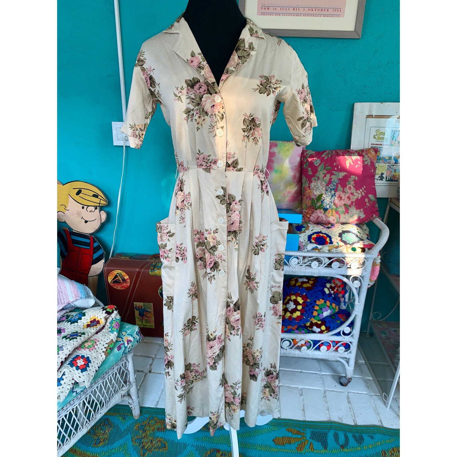 Other VINTAGE 80s BRITISH KHAKI ROBERT LIGHTON FLORAL TEA DRESS Size S / US 4 / IT 40 - 2 Thumbnail