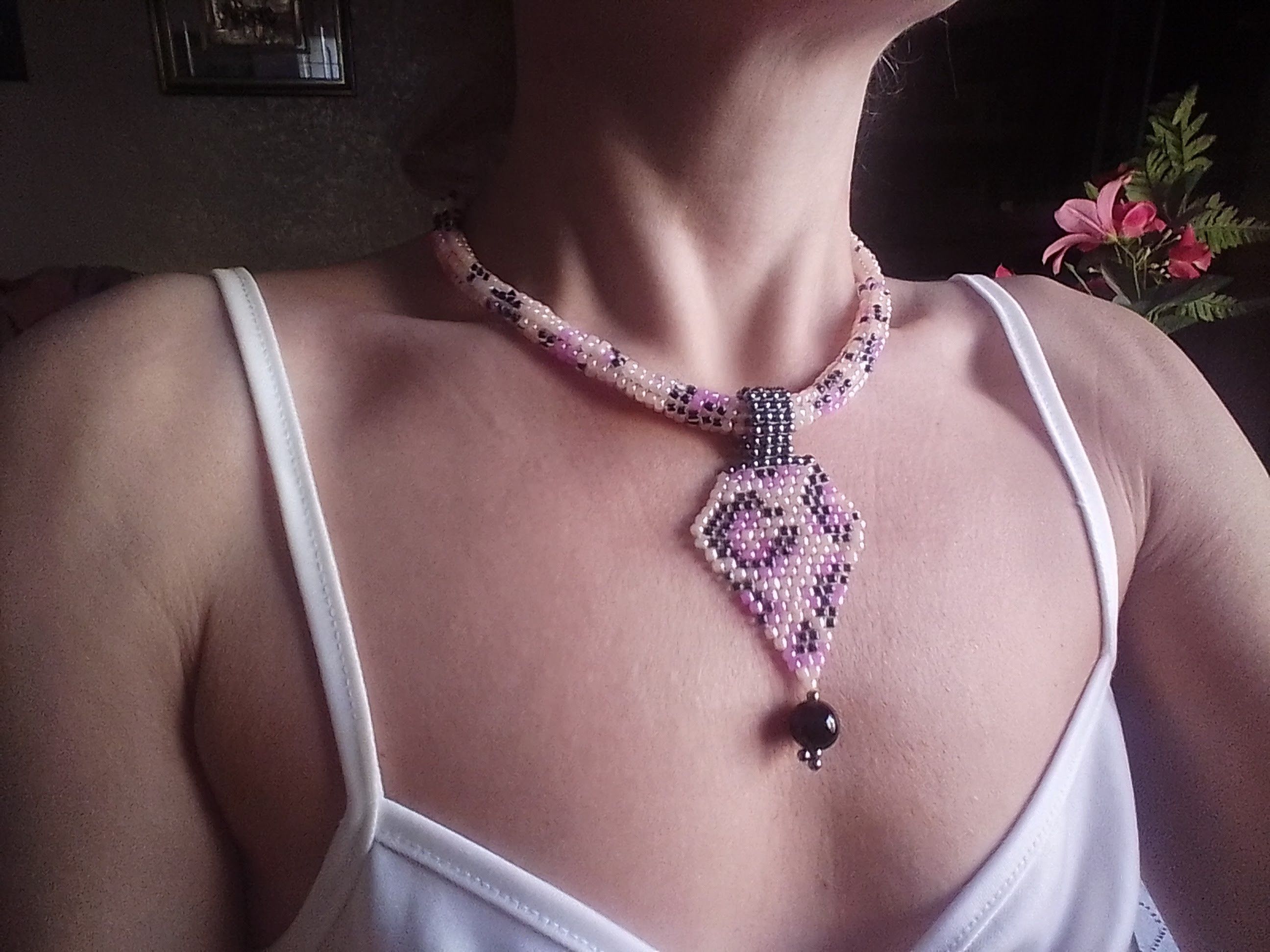 Handmade Necklace Leopard Spotted Pendant Black Pearl Tubular Size ONE SIZE - 6 Thumbnail