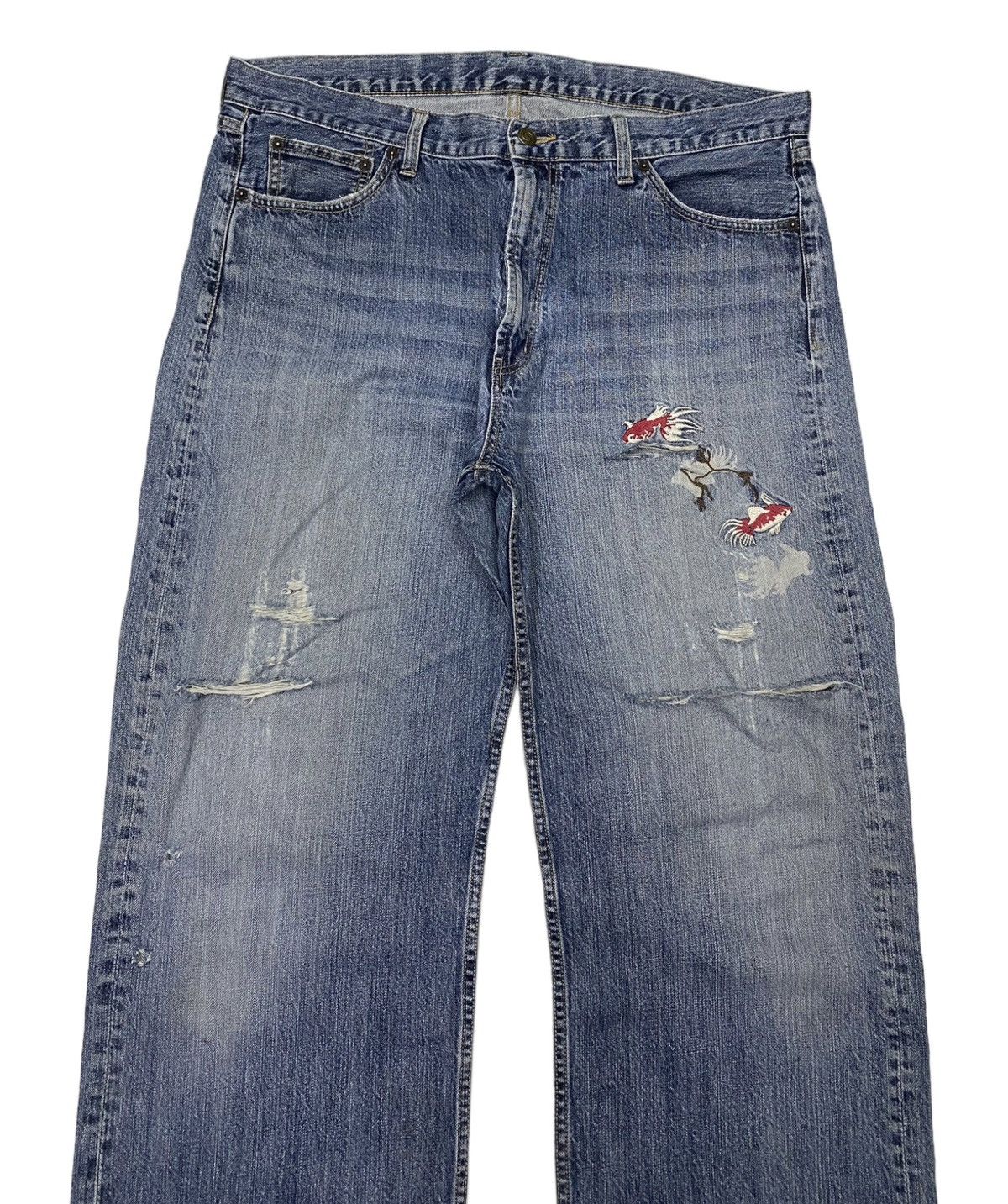 Japanese Brand 🔥JAPANESE KOI FISH EMBROIDERY BAGGY DISTRESS DENIM JEANS Size US 38 / EU 54 - 5 Thumbnail