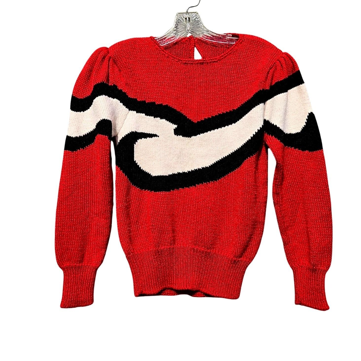 Vintage Vintage 80s Red Black Ivory Wave Knit Puff Shoulder Sweater Size S / US 4 / IT 40 - 1 Thumbnail