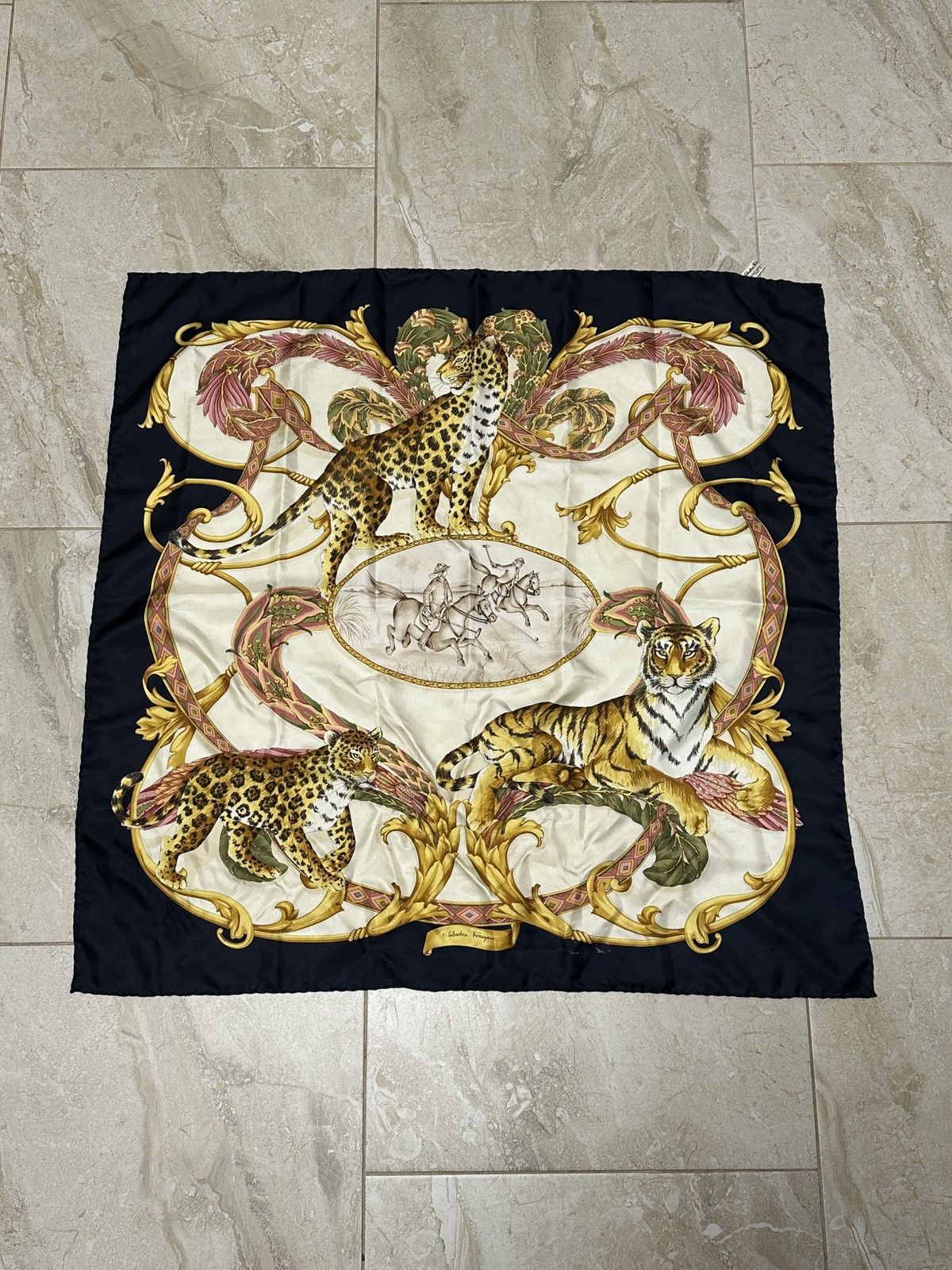 Vintage Salvatore Ferragamo Silk Scarf with Leopard, Tiger