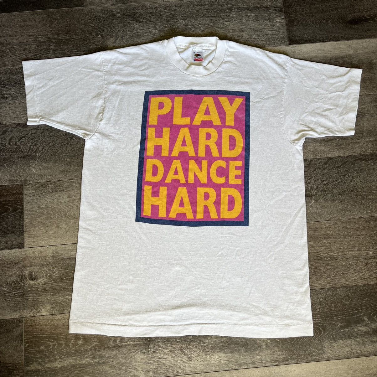 Vintage Vintage 1990s Play Hard Dance Hard Bold Text Logo Tee Shirt Size US XL / EU 56 / 4 - 1 Thumbnail