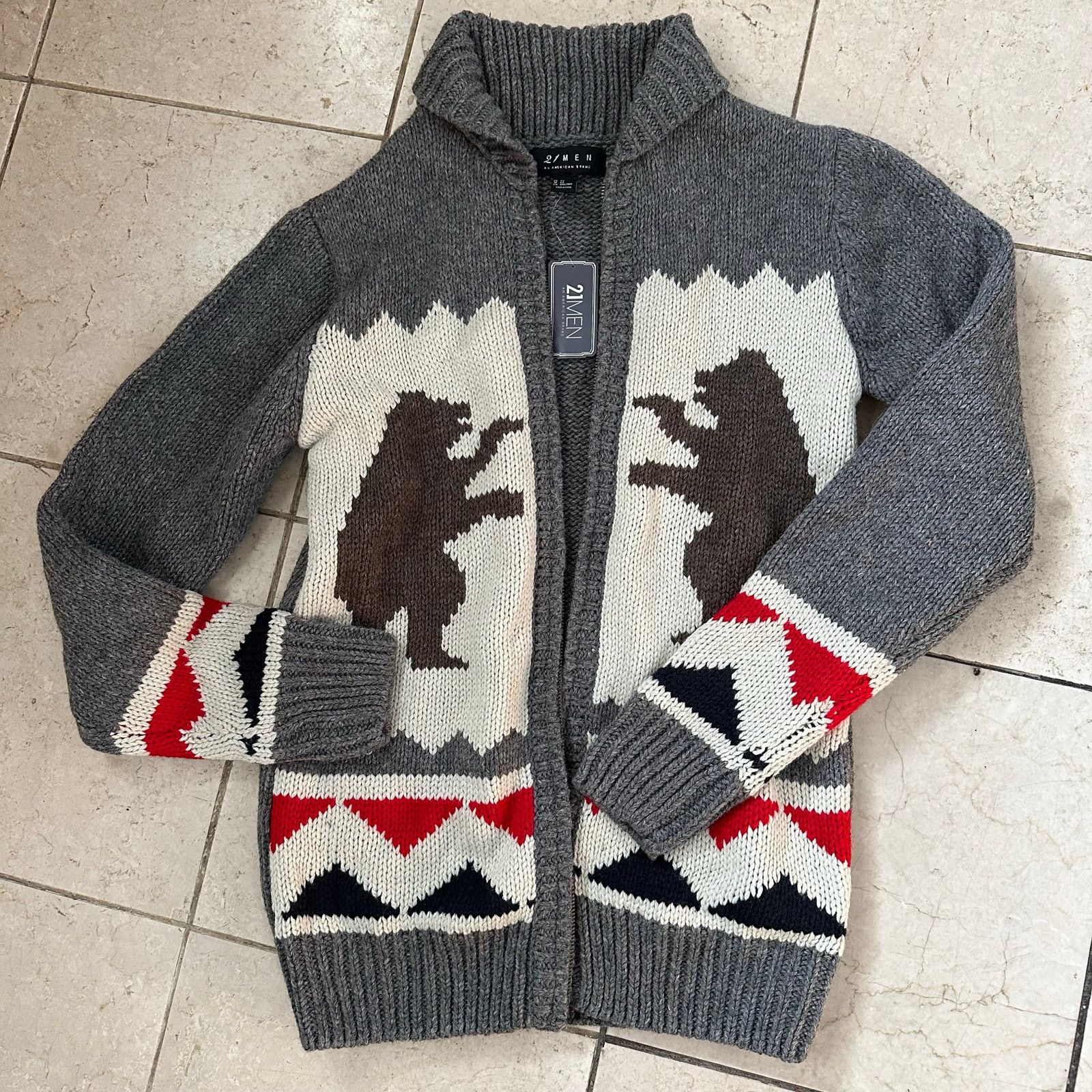 Forever 21 21 Men XS heavy knit front zip cardigan sweater bear gray Size US XS / EU 42 / 0 - 2 Thumbnail