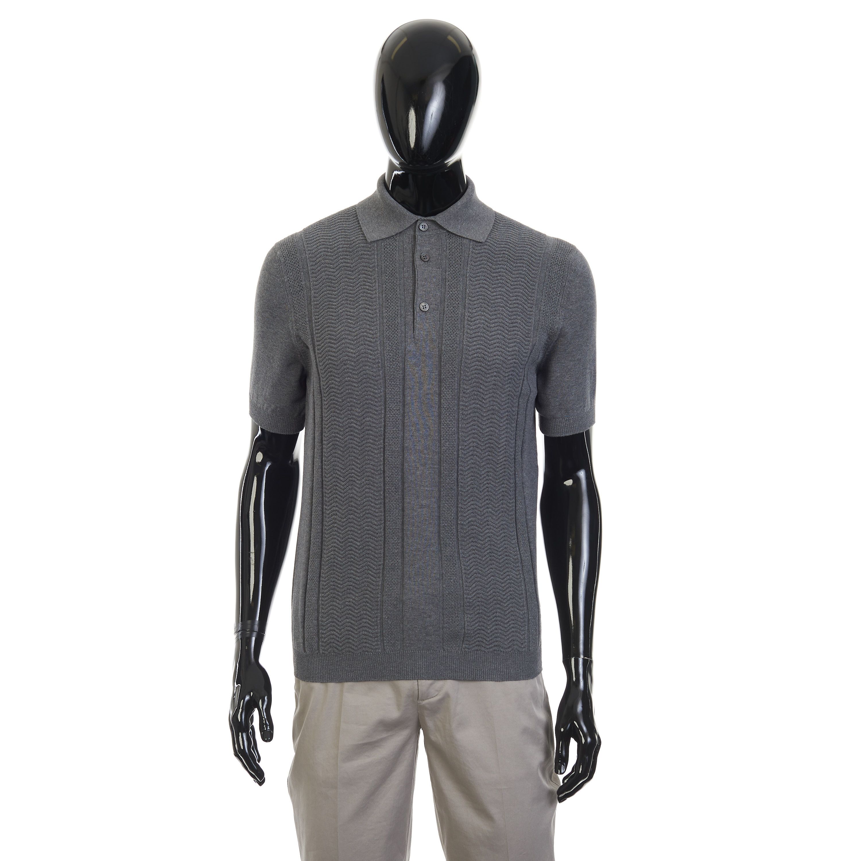 Brunello Cucinelli Gray Cotton Knit Polo With Jacquard Stripes Size US L / EU 52-54 / 3 - 1 Thumbnail